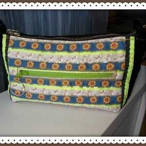 Women's Crossbody Bag Black /Floral Pattern Ribbon Gold Silk Thread Handmade